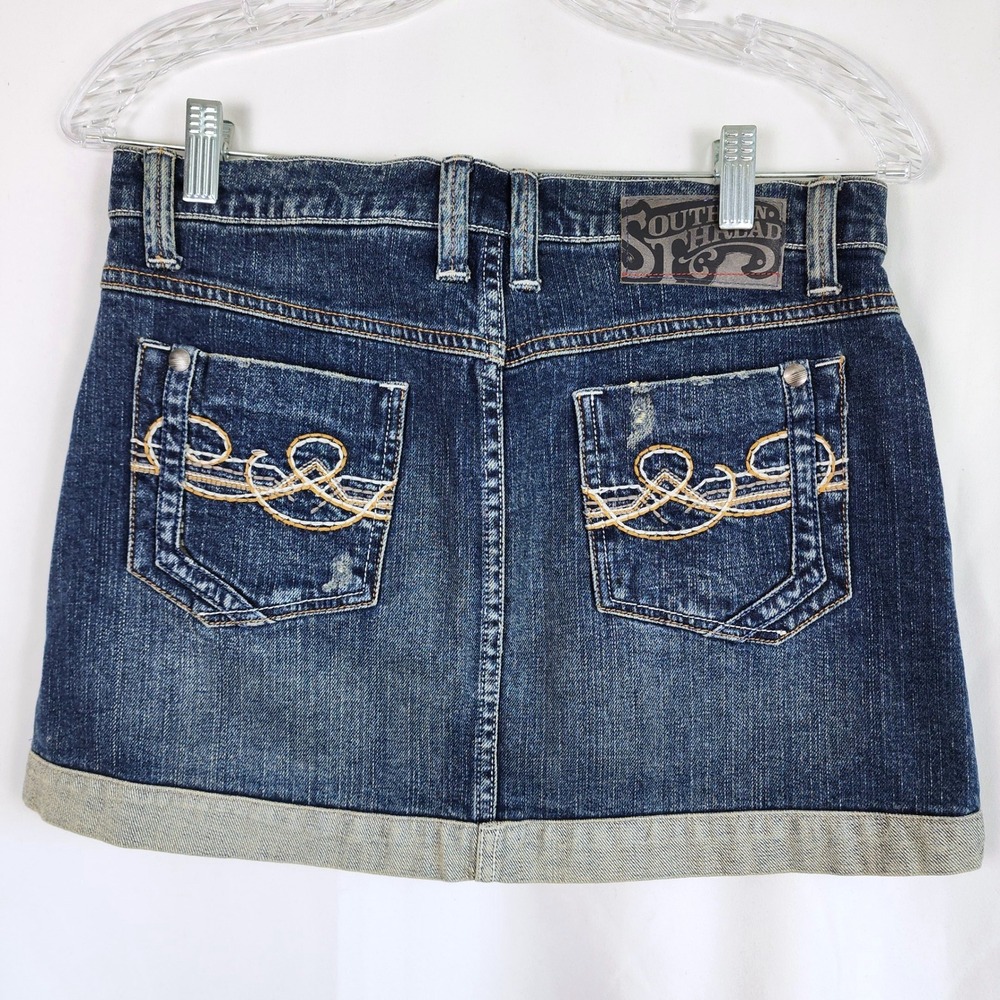 Southern Thread Denim Mini‎ Skirt Blue Distressed Womens Size 26 Western Cowgirl - Picture 5 of 16